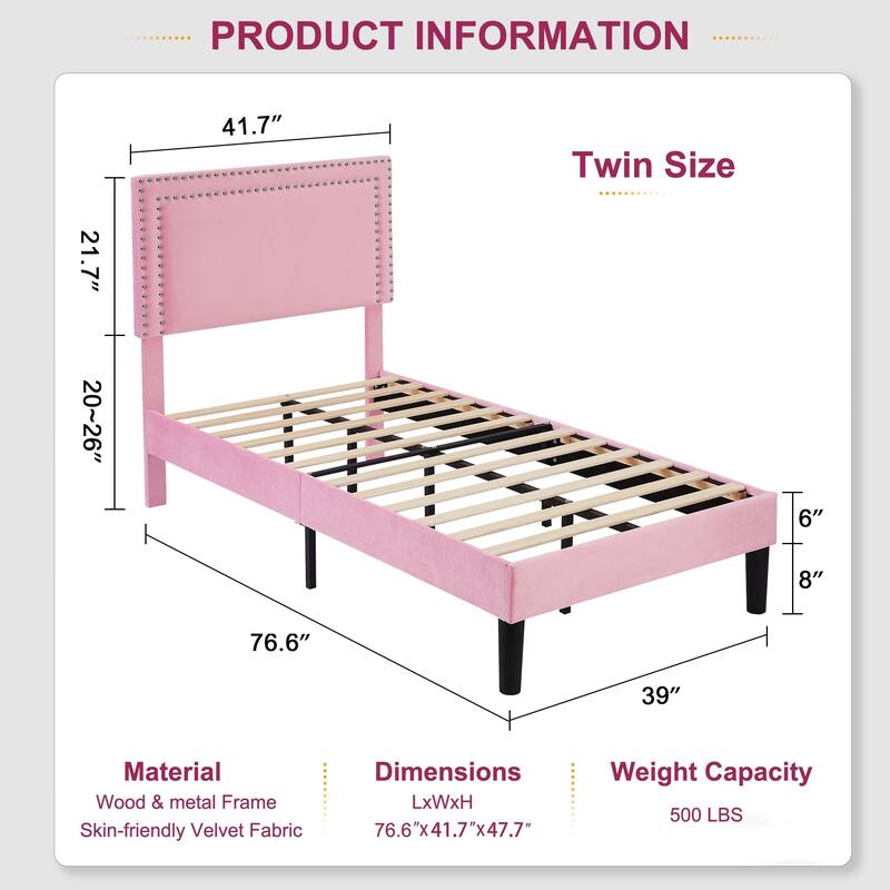 Bed Frame with Adjustable Height Headboard, Twin/Full/Queen Size Beds, Pink