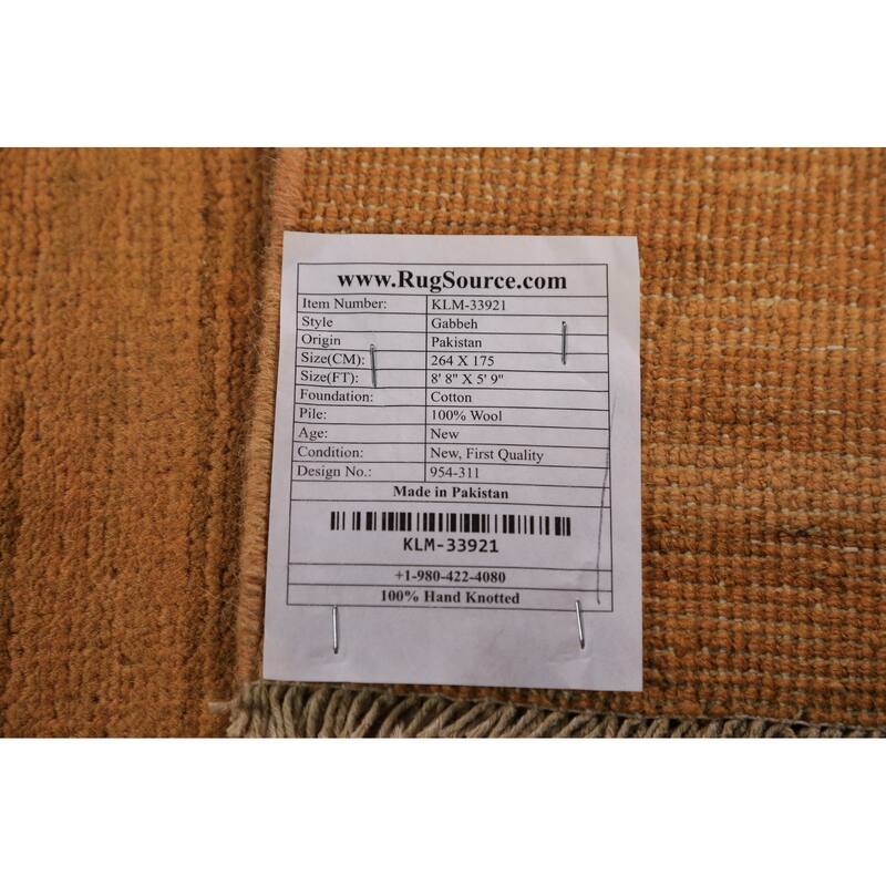 Modern Gabbeh Area Rug Hand-Knotted Solid Orange Wool Carpet - 5'9" x 8'8"