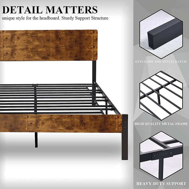 Metal Platform Bed Frame with Wooden Headboard and Footboard