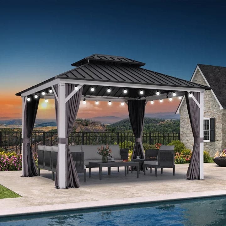 PURPLE LEAF Patio Hardtop Gazebo for Outdoor Grey Galvanized Steel Double Roof White Aluminum Poles - 12' x 14' - Grey with Light