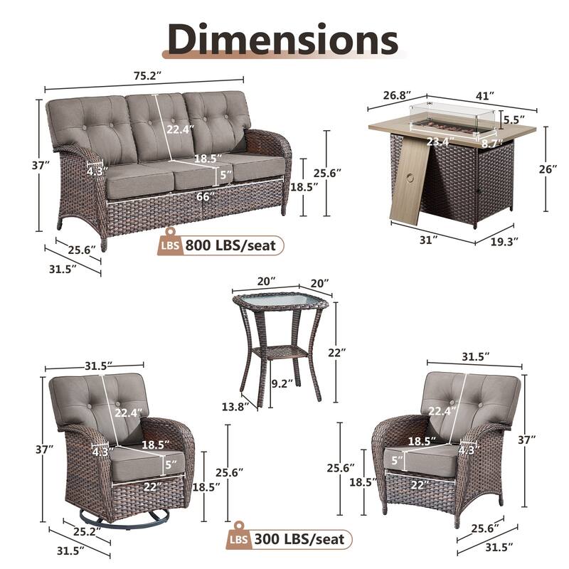 TWrap Wicker Patio Fire Pit Conversation Set with 3-Seat Sofa & Swivel Gliders & Armchairs