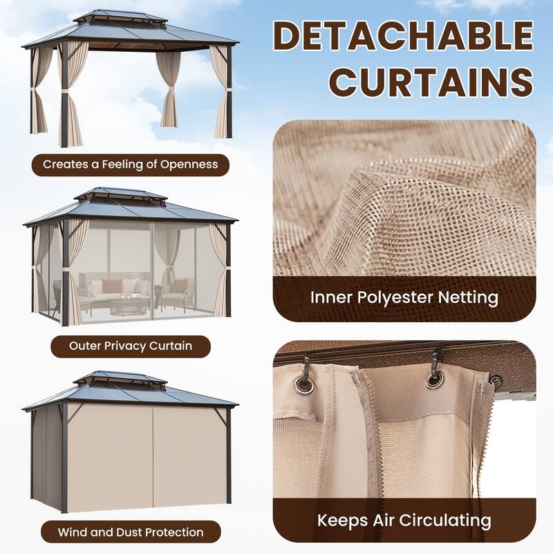 Hardtop Gazebo for Backyard – Permanent Pergola with Netting, Curtains & Double Roof, All-Weather Outdoor Shelter