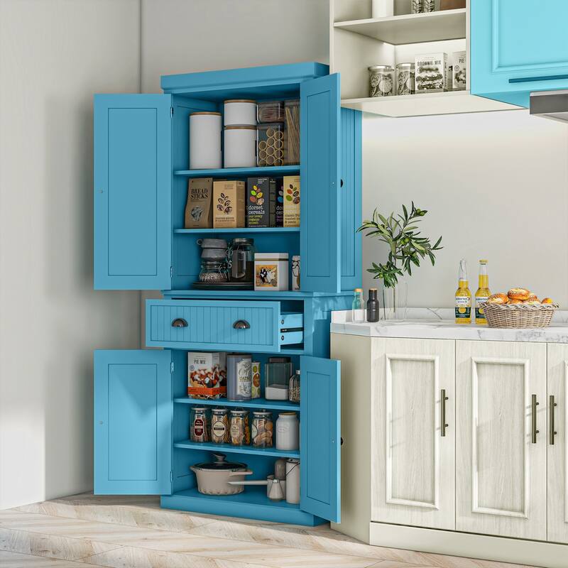 HOMCOM 72" Kitchen Pantry Cabinet, Freestanding Tall Storage Cabinet, Traditional Kitchen Cabinet with 4 Doors - Dark Blue