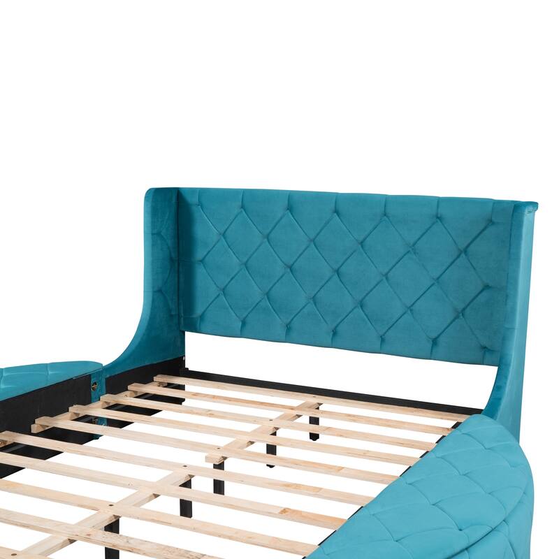 Queen Size Velvet Platform Bed with Wingback Headboard, Storage Drawer, and Side Stools