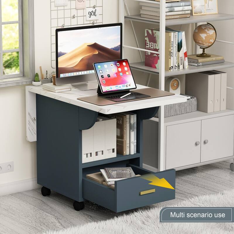 39.4" Wood Folding Dining Table with 4 Wheels, Wood Folding End Table with Wheels, Folding Dining Table with Storage Rack and 1