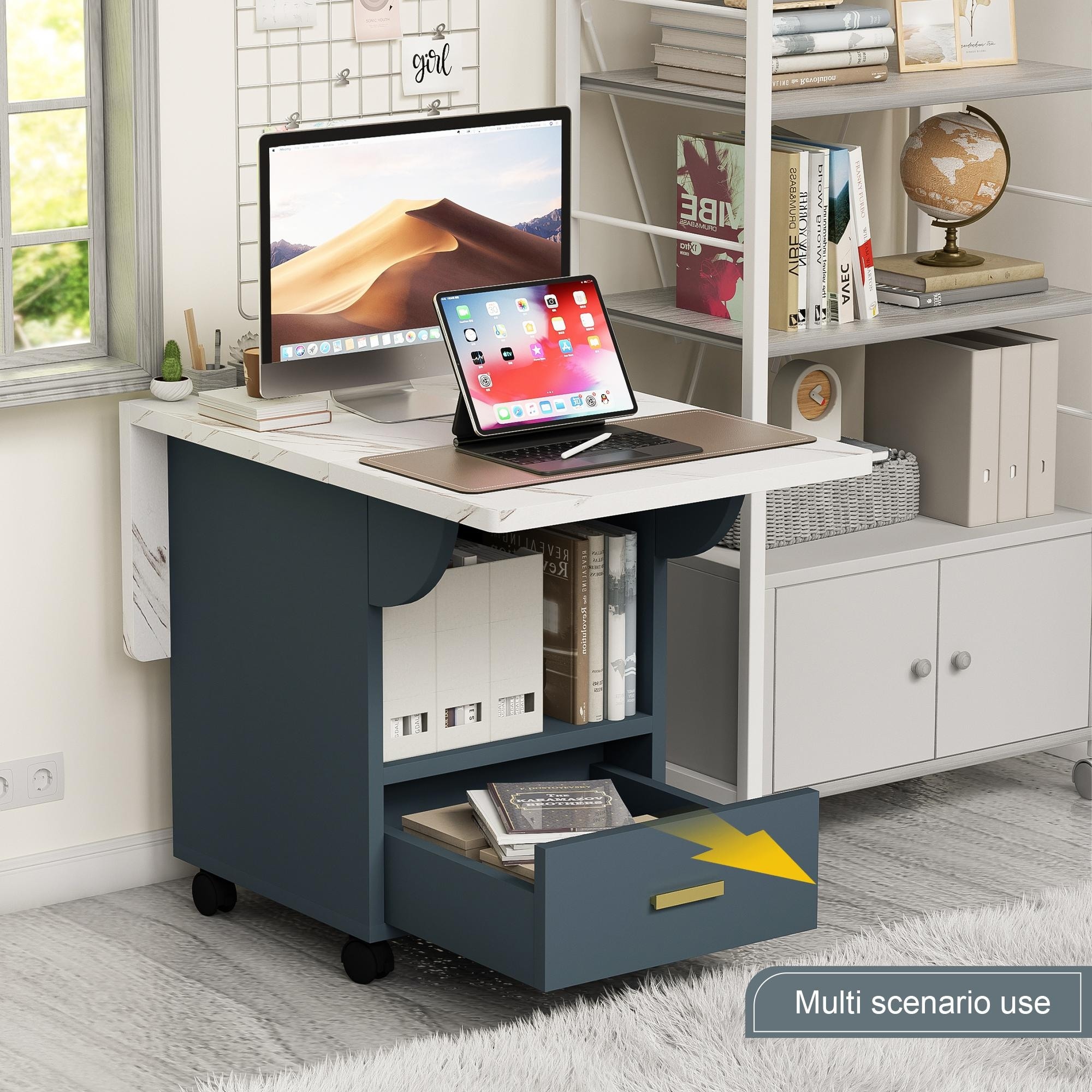 Roomfitters Folding Dining Table with Wheels, Space Saving Drop Leaf Kitchen Console with Storage, White