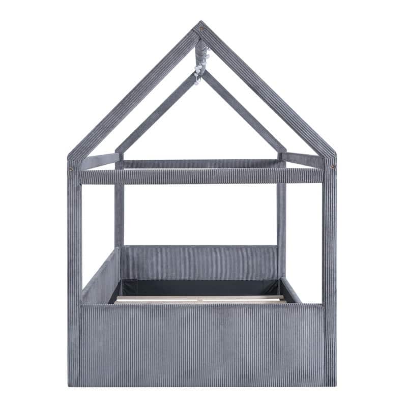Full Size Upholstered House-Shaped Kids Bed with LED Light Strips, Corduroy Platform Bed Frame Floor Bed