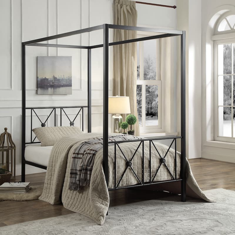Twin Size Metal Canopy Bed with X-Frame Design and Platform Base