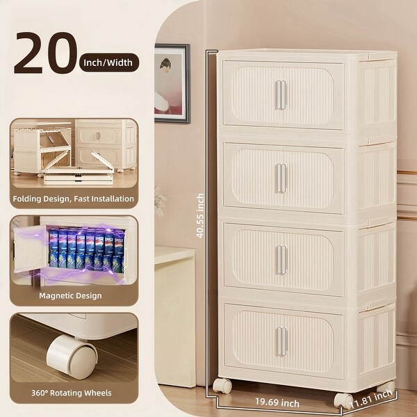 4 Tiers Folding Storage Cabinet with Magnetic Door,Plastic