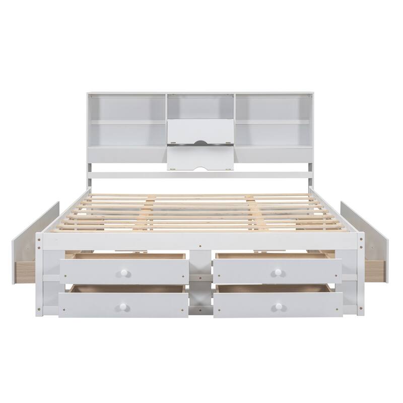Queen / King Platform Bed with Storage Headboard and 8 Drawers Sturdy Pine Wood Construction
