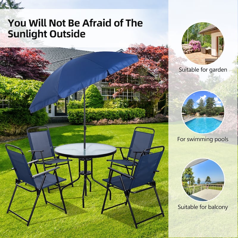 Futzca Folding Patio Dining Set, Garden Patio Furniture Set with Umbrella, Glass Table and 4 Folding Chairs