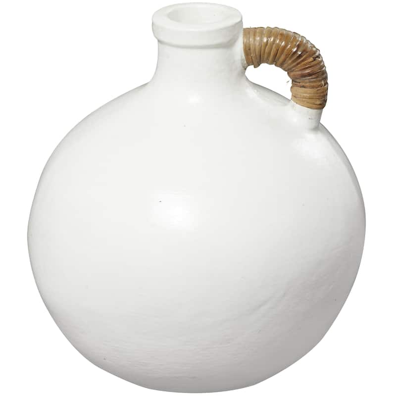 White Ceramic Jug Inspired Decorative Vase with Rattan Wrapped Handle