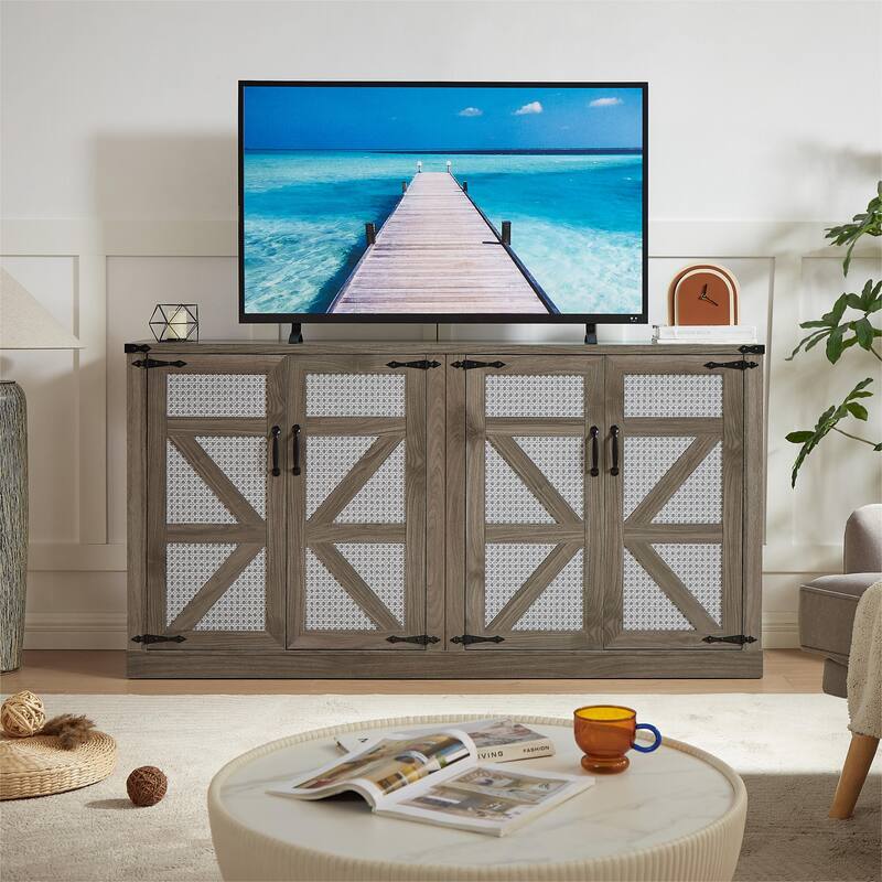 65-Inch Slate Gray Faux Rattan Sideboard with Barn Doors Rustic Sideboard,4-Door Storage for Living Room,Entryway,Dining Room - Stone Gray