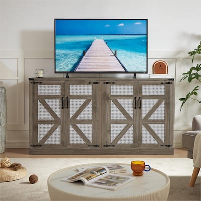 65-Inch Slate Gray Faux Rattan Sideboard with Barn Doors Rustic Sideboard,4-Door Storage for Living Room,Entryway,Dining Room
