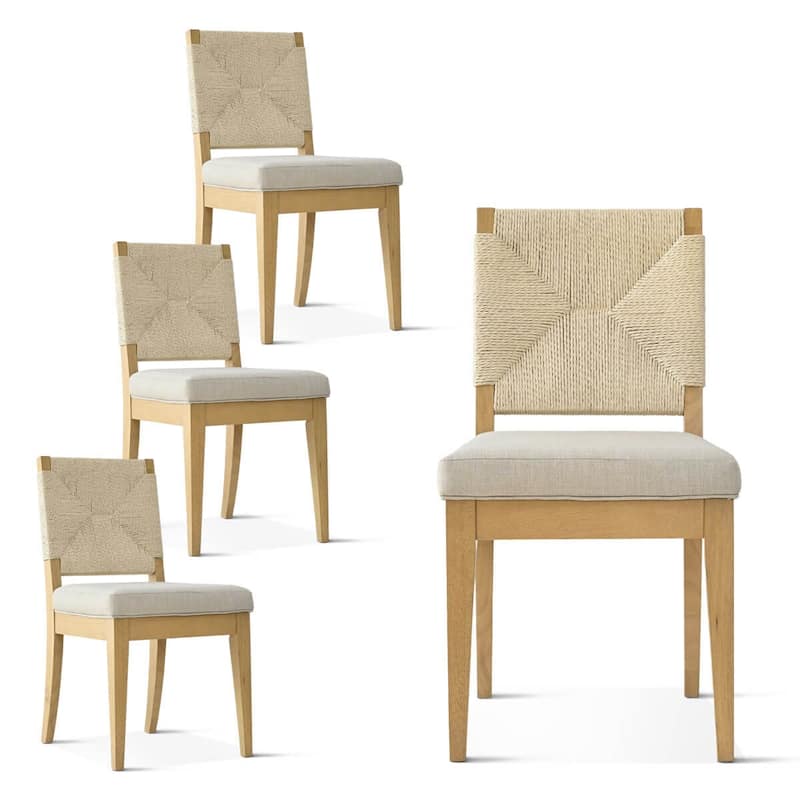 Woven Back Upholstered Seat Dining Chair with Wood Legs(Set of 4)