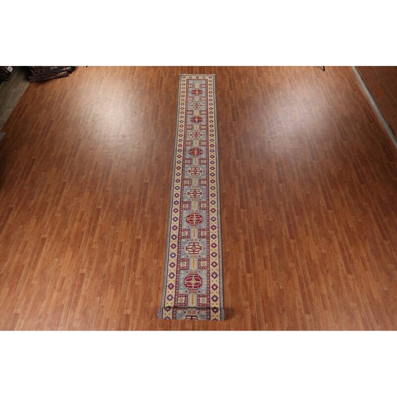 Light Blue Geometric Kazak Runner Rug Hand-Knotted Wool Carpet - 2'7" x 20'8"