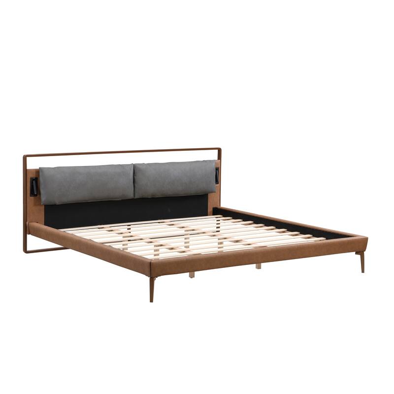 Brown&Gray Leather King Bed with 2pcs Night Lights