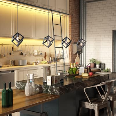 Modern Industrial 1-Light Black Square Cage Pendant Lights for Kitchen Island