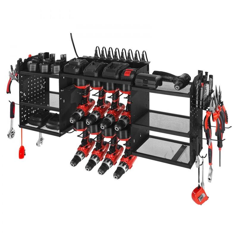 Black 3-Tier Tool Rack with 8-Outlet Strip Adjustable Shelves Pegboard for Workshop - 50.89 x 8.66 x 16.54 in