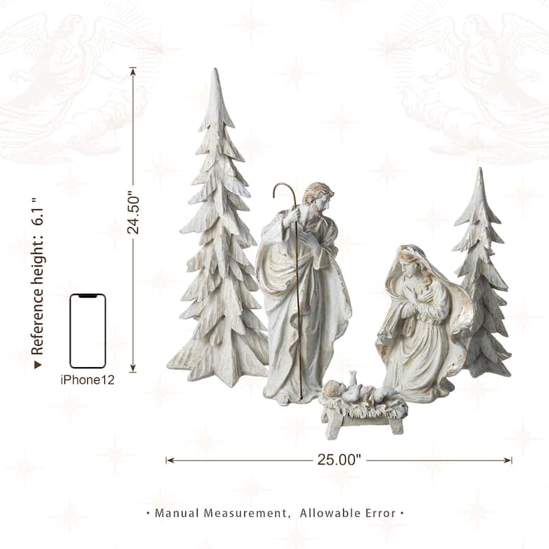 Glitzhome S/5 24.5"H/14"H White/Gold Resin Holy Family Nativity with Christmas Trees