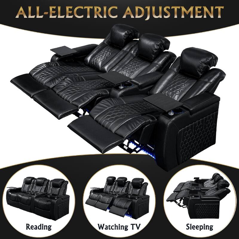Roomfitters 93.3" Power Recliner 3-Piece Set, Top-Grain Nappa Leather, 15-Color RGB LED & USB-C Charging, Black