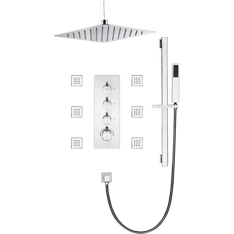 12" Rainfall Shower X3 Thermostatic Shower System w/ Slide Bar, 6 Jets