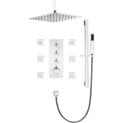 Chrome 16" Rainfall Shower X3 Thermostatic Faucet System w/ Slide Bar, 6 Jets