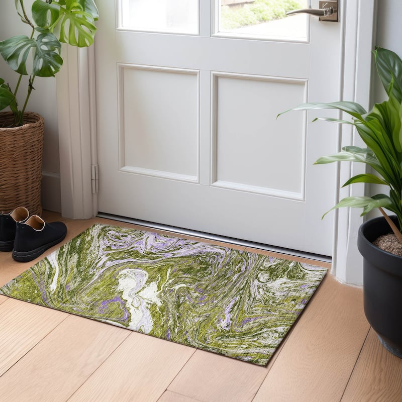 Machine Washable Indoor/ Outdoor Abstract Brushstroke Chantille Rug - Olive - 1'8" x 2'6"