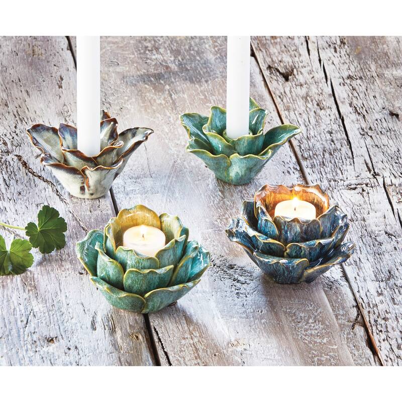Blue Flower Votive Tealight Stoneware Candle Holder Home Decor Tabletop Mantel Centerpiece,