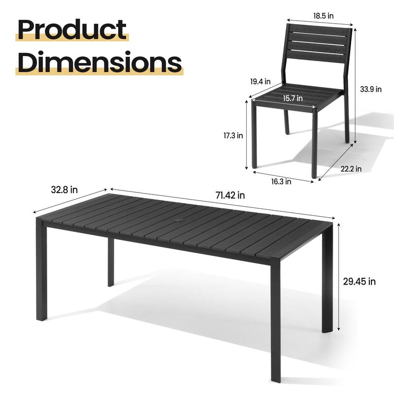 Set of 7 Outdoor Patio Dining Set WoodLike Table Top Aluminum Rectangular Umbrella Hole Table with Stackable Chairs
