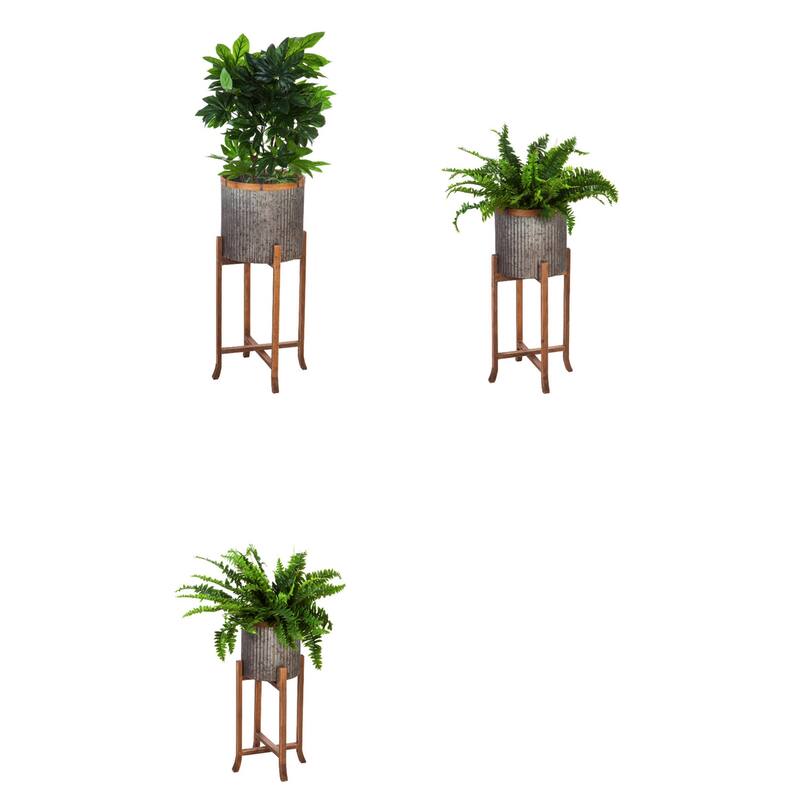 Corrugated Galvanized Metal Planters with Wooden Stand, (Set of 3)
