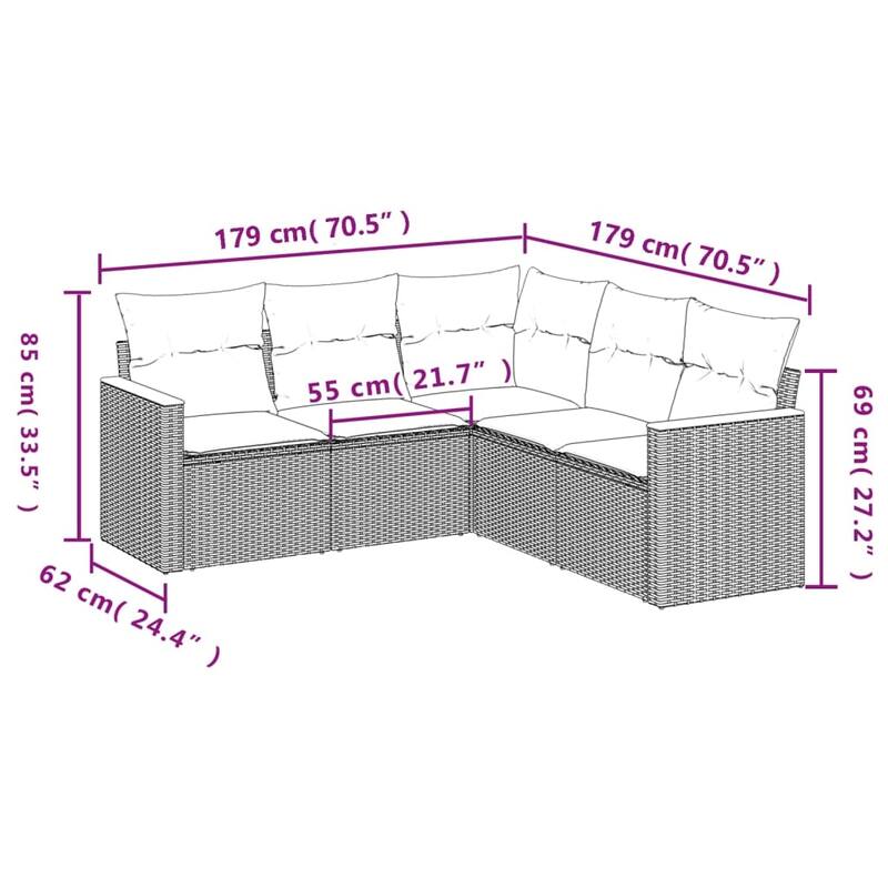vidaXL Patio Sofa Set with Cushions Outdoor Conversation Furniture Poly Rattan - 24.4x 24.4x 27.2