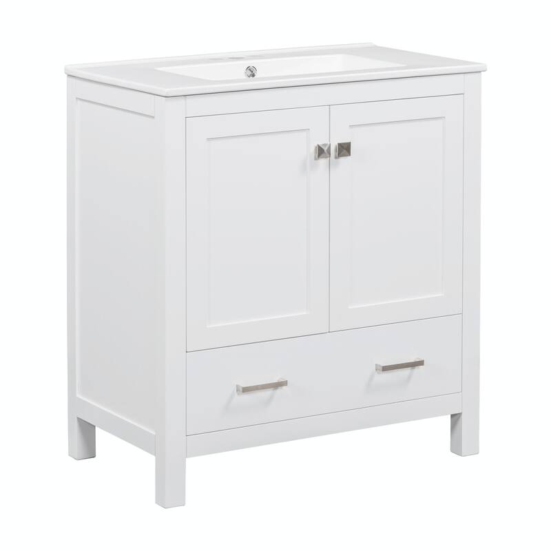 36"/30" Bathroom Vanity with Ceramic Sink, Soft-Close Doors, Double Storage Shelves & Divided Drawer