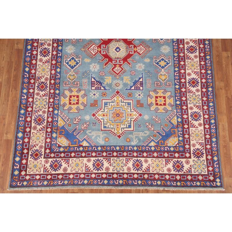 Hand Knotted Oriental 100% Wool Carpet Traditional Geometric Navy Blue & Blues Kazak Area Rug - 9' 8'' X 6' 7''