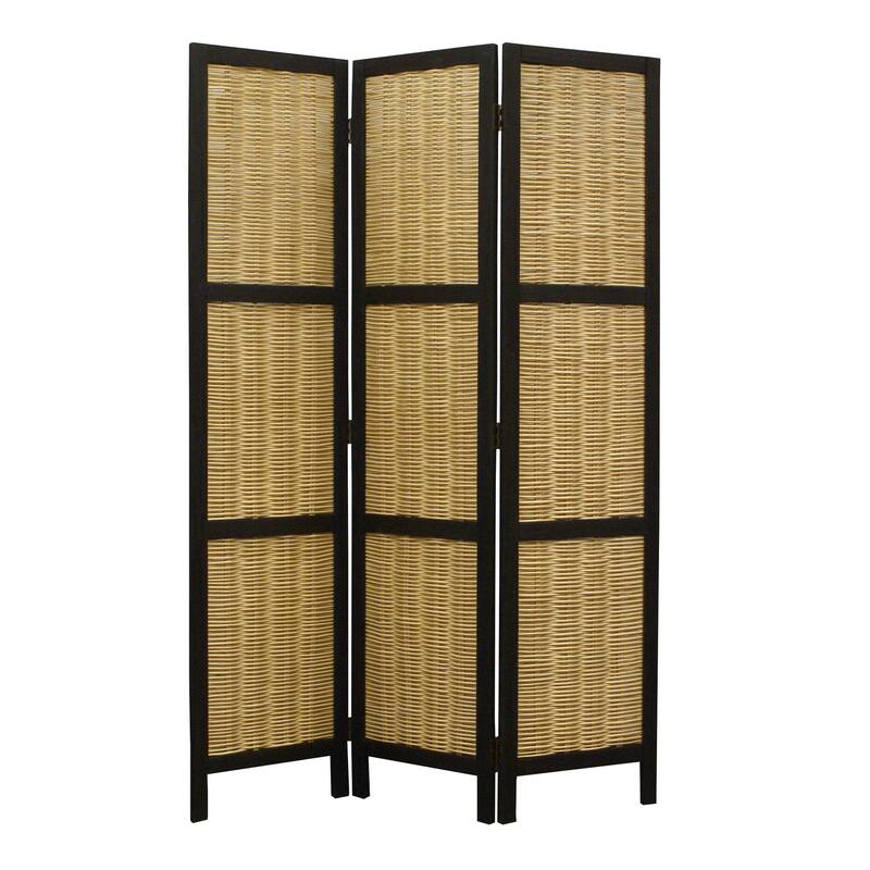 Cottage Style 3 Panel Room Divider with Willow Weaving, Black and Brown