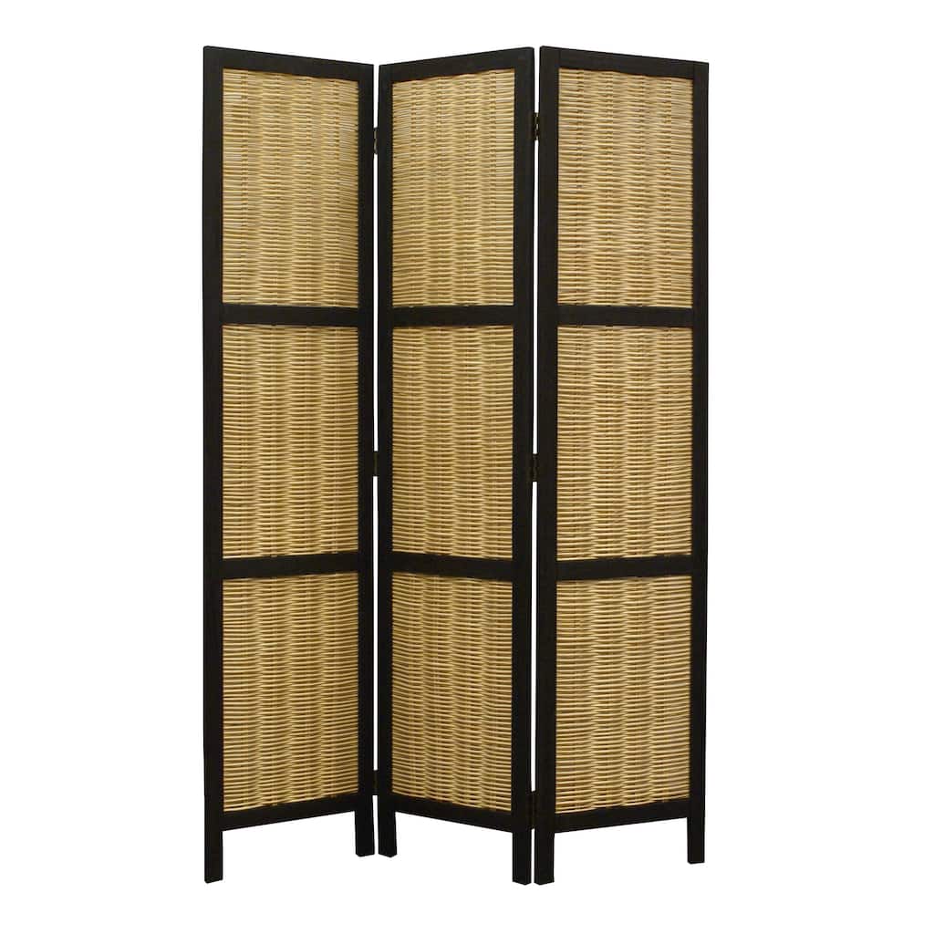 Cottage Style 3 Panel Room Divider with Willow Weaving, Black and Brown