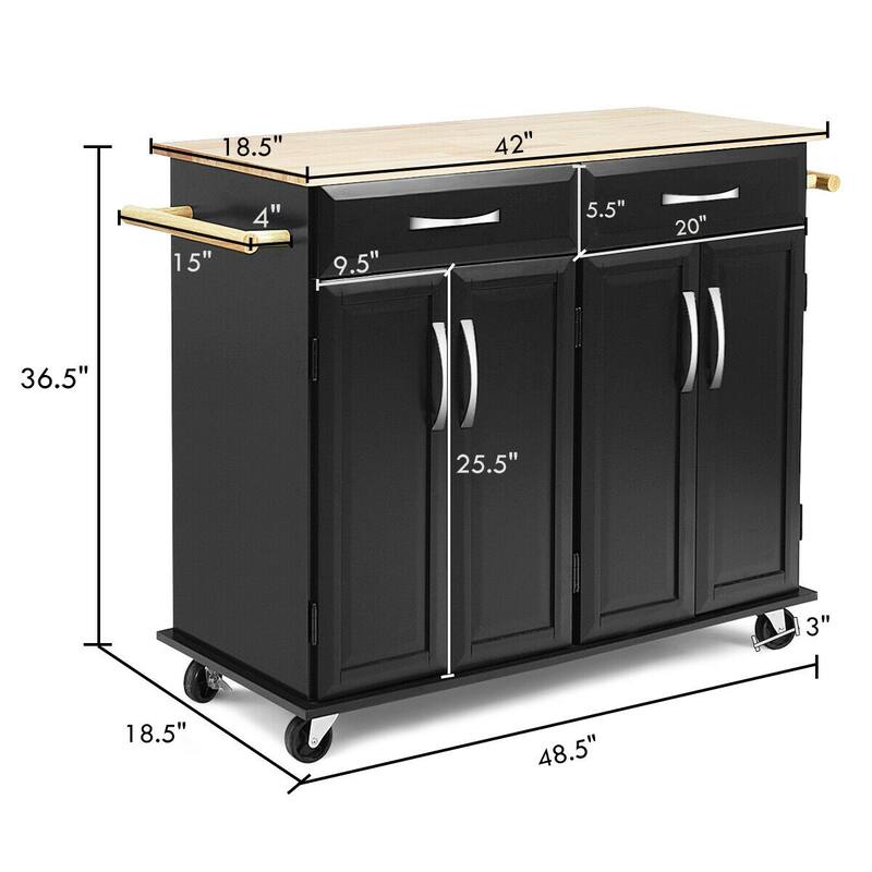 Costway Rolling Kitchen Trolley Island Black Cart Wood Top Storage