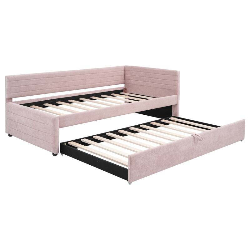 Twin Size Upholstered Daybed with Roll-Out Trundle, Space-Saving Wooden Frame, No Box Spring Needed