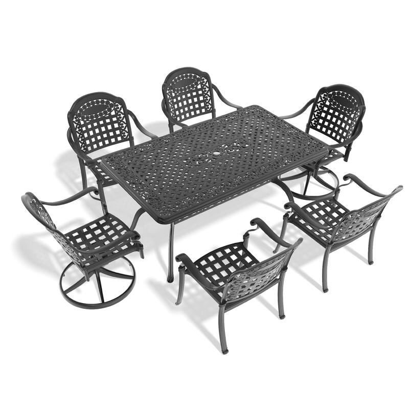 7 Pcs Outdoor Dining Set, Patio Aluminum Furniture Set with 2 Swivel Rocker Chairs, 4 Dining Chairs and Rectangular Table