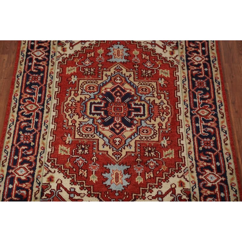 Geometric Heriz Serapi Oriental Rug Orange Handmade Wool Carpet - 4'0"x 5'10"