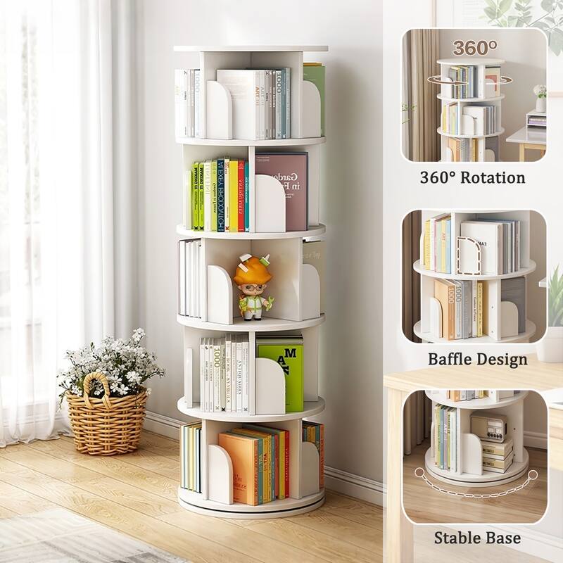 Anmytek 5-Tier Rotating Bookshelf on Wheels 360-Degree Spinning Tower for Small Space Bedroom Living Room Warm White