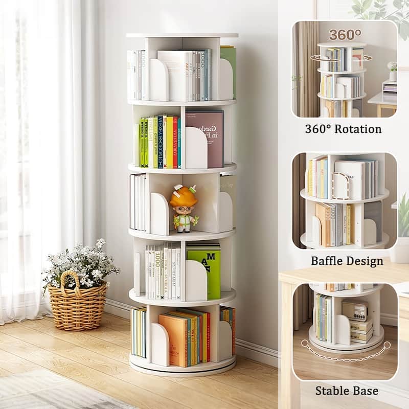 GDF Studio -Purling Modern 5-Tier Wood Rotating Bookshelf with 360-Degree Space-Saving Design