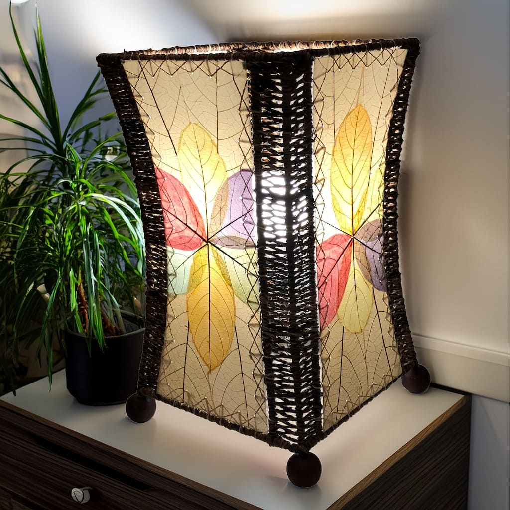 Eangee Handmade Hourglass Table Lamp, Cocoa Leaves Shade, 10 x 10 x 15 in. - 10 x 10 x 15