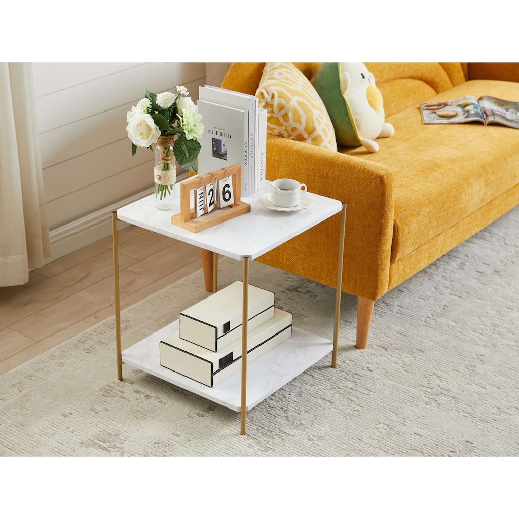 Side End Table - Nightstand Bed Side Table (White/Gold)