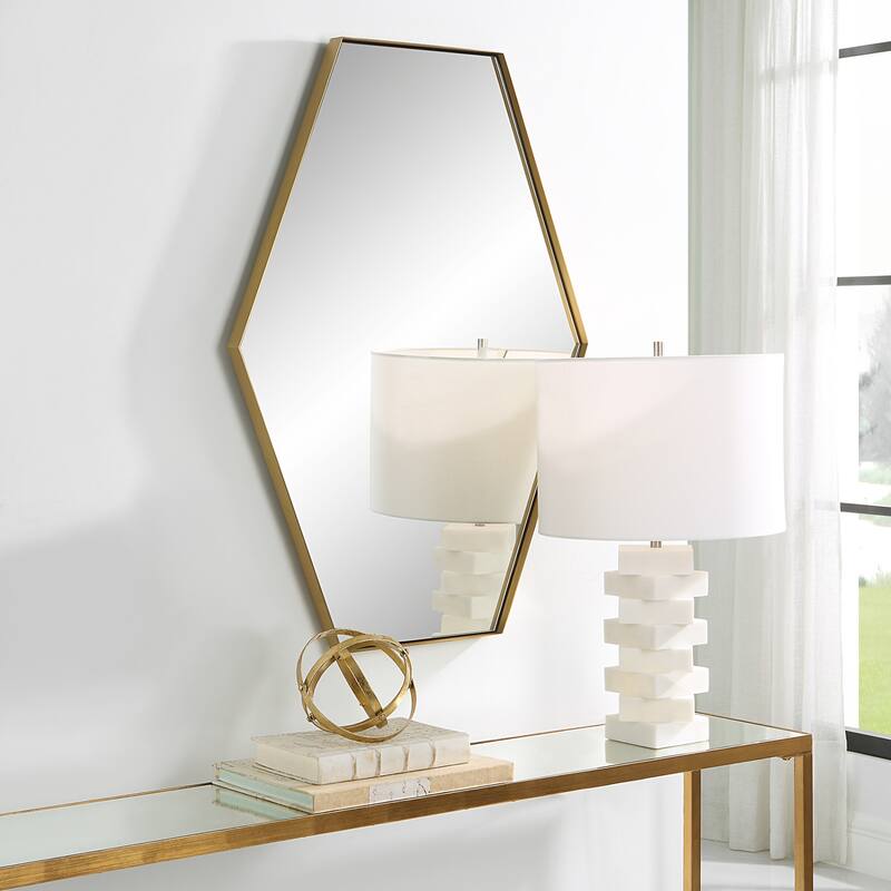 Hexagon Framed Wall Mirror - 34" - Brass Tone