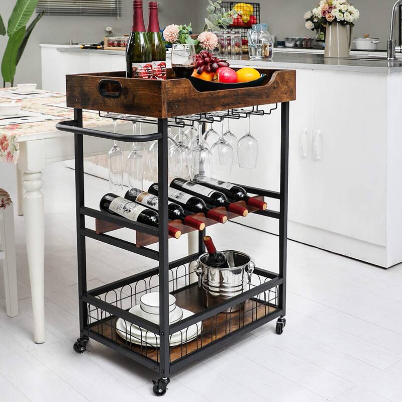 Industrial Bar Cart with Storage and Glass Holder, Removable Wood Tray