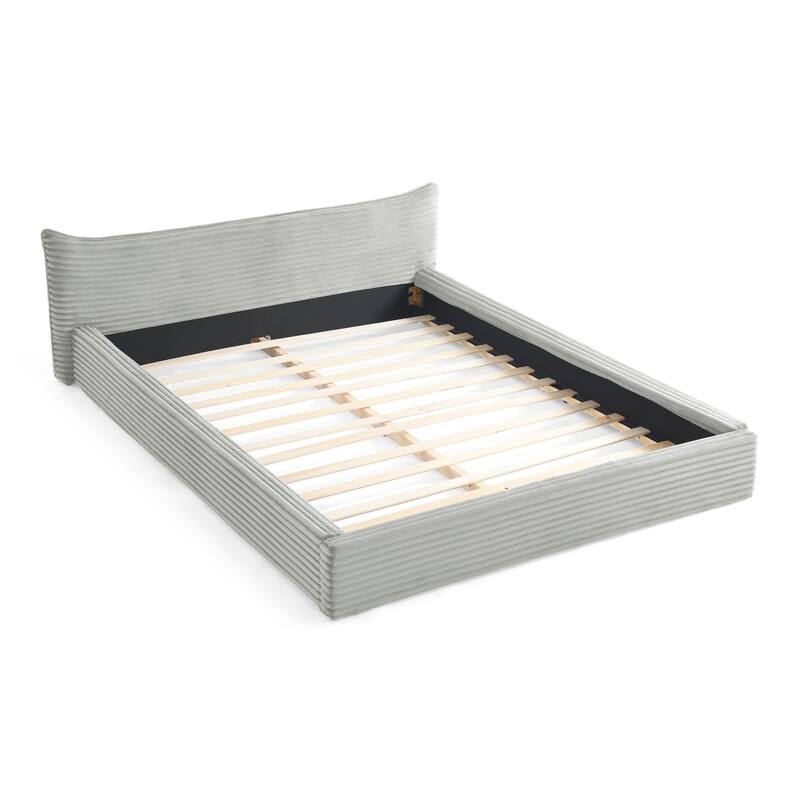 Queen Size Upholstered Bed Frame Velvet Fabric Grounded Platform with Curved Headboard Solid Wood No Box Spring