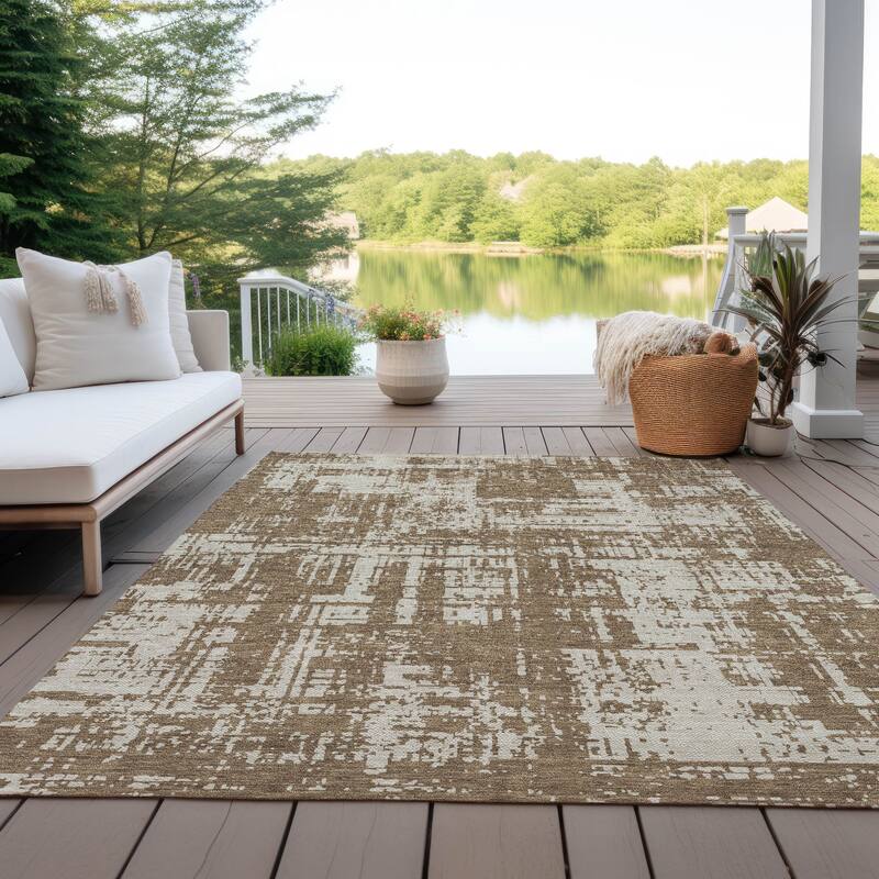 Machine Washable Indoor/ Outdoor Chantille Abstract Solid Rug - Brown - 9' x 12'