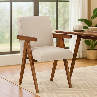 Cid Jose Dining Chair Set of 2, Beige Polyester, Walnut Brown Wood