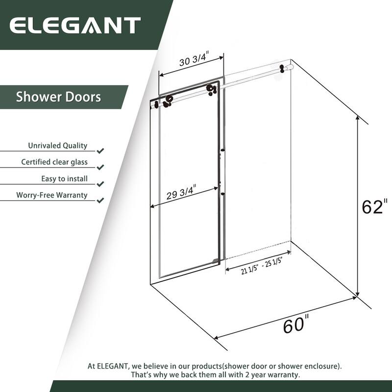 ELEGANT 60'' x 62'' Frameless Sliding Tub Door Stainless Steel